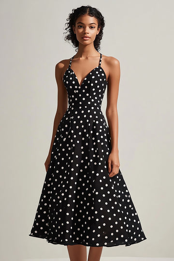 Black White Polka Dot Spaghetti Straps Midi Graduation Dress